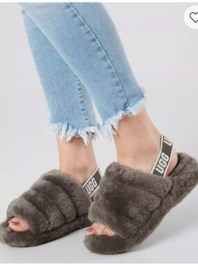 UGG Women’s Charcoal Plush Slide Sandals with Logo Strap